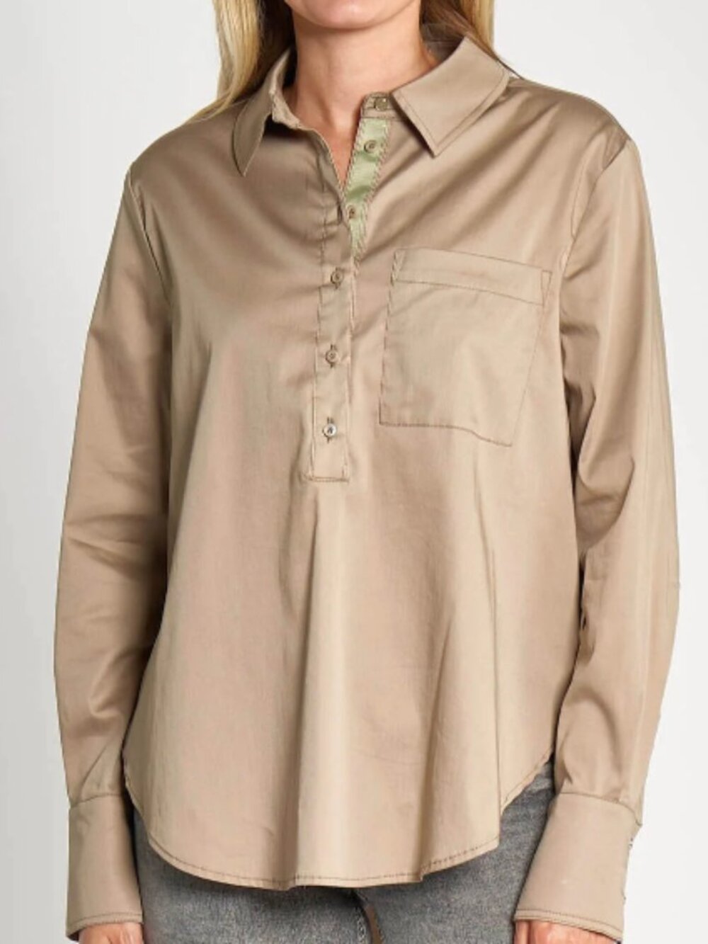 ZHRILL Zhnima Long Sleeve Half Button Placket - Olive